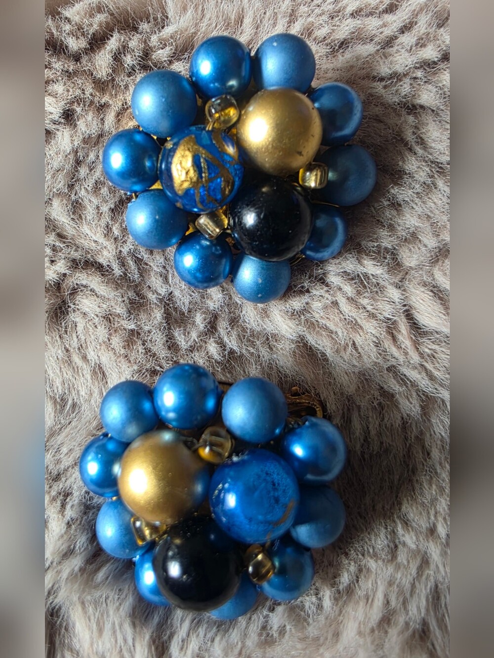 Vintage Japanese signed cluster earrings featuring blue and gold tones.